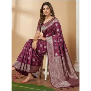 Women's Silk Blend Printed Saree with Blouse – Purple