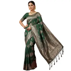 Women's Silk Blend Printed Saree with Blouse – Dark Green