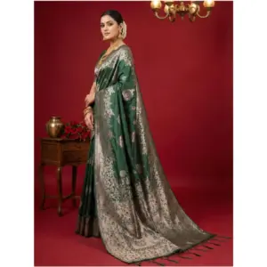 Women's Silk Blend Printed Saree with Blouse – Dark Green