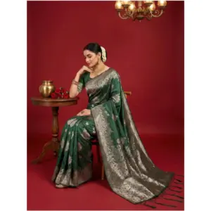 Women's Silk Blend Printed Saree with Blouse – Dark Green