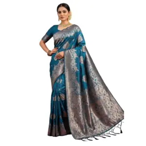 Women's Silk Blend Printed Saree with Blouse – Teal Blue