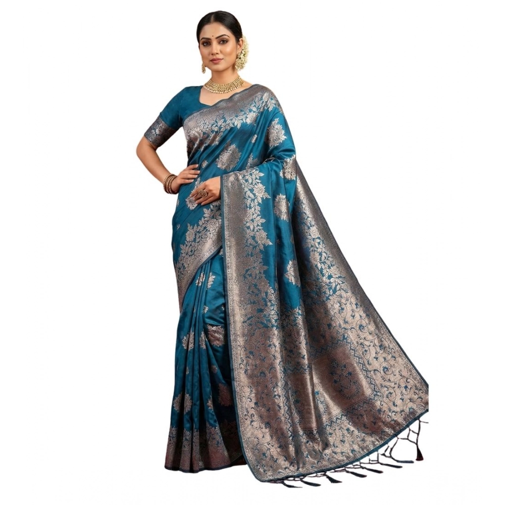 Women's Silk Blend Printed Saree with Blouse – Teal Blue
