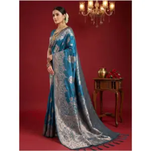 Women's Silk Blend Printed Saree with Blouse – Teal Blue