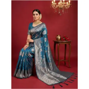 Women's Silk Blend Printed Saree with Blouse – Teal Blue
