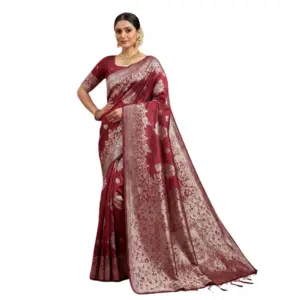 Women's Silk Blend Printed Saree with Blouse – Maroon