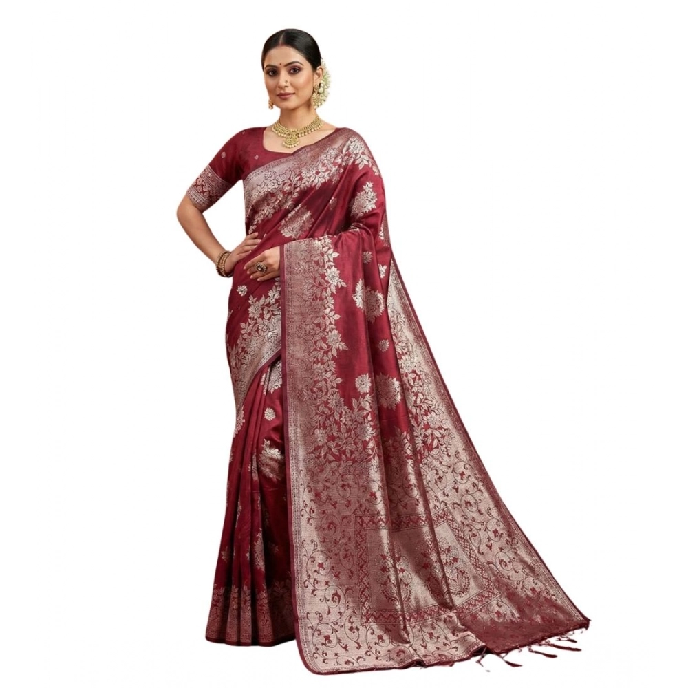Women's Silk Blend Printed Saree with Blouse – Maroon