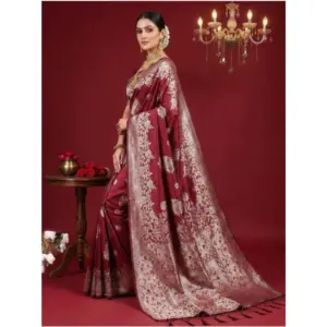 Women's Silk Blend Printed Saree with Blouse – Maroon