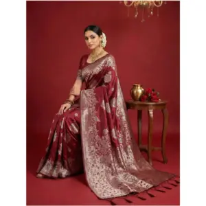 Women's Silk Blend Printed Saree with Blouse – Maroon