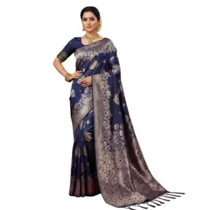 Women's Silk Blend Printed Saree with Blouse – Navy Blue