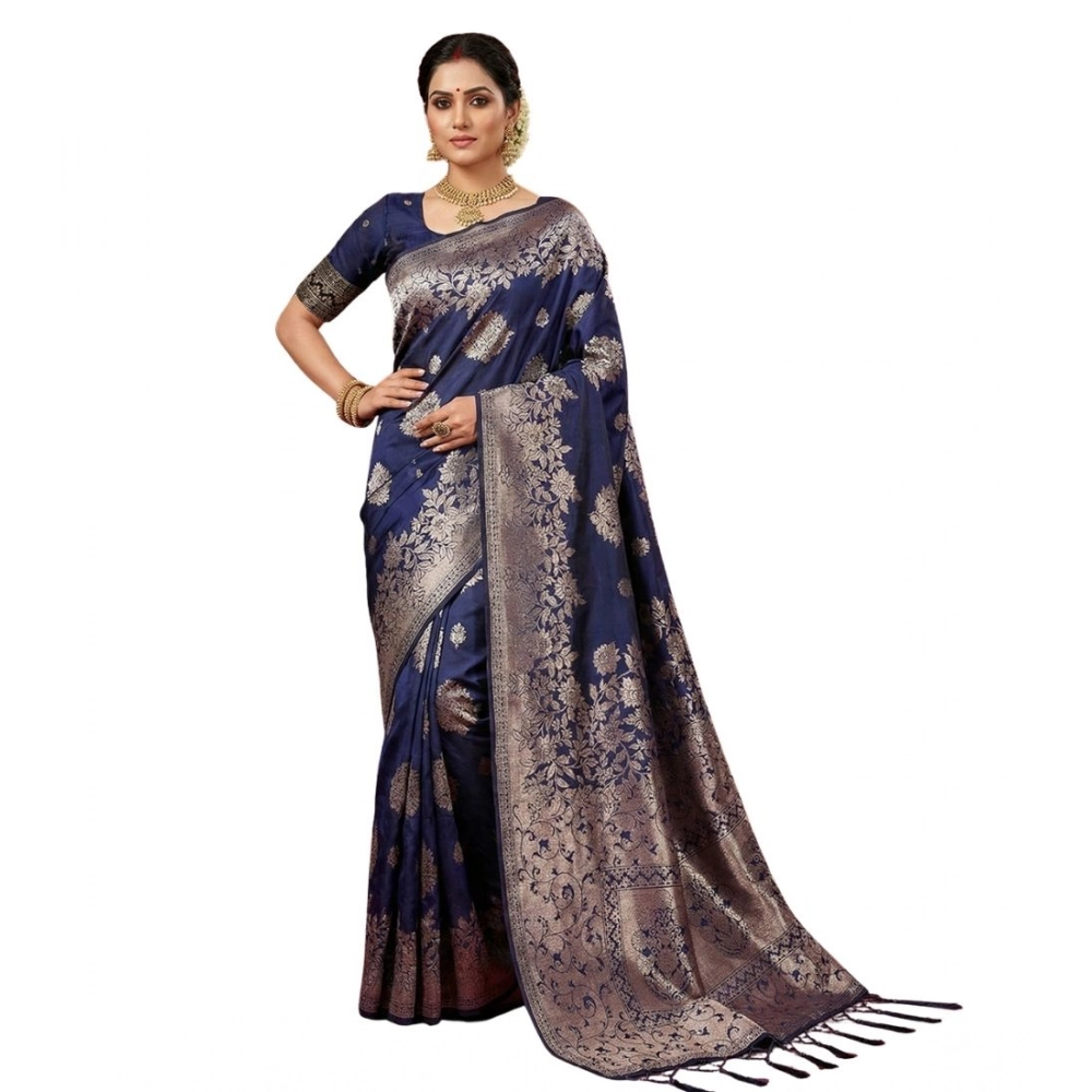 Women's Silk Blend Printed Saree with Blouse – Navy Blue