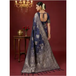 Women's Silk Blend Printed Saree with Blouse – Navy Blue