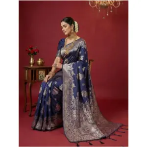 Women's Silk Blend Printed Saree with Blouse – Navy Blue