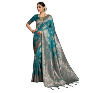 Women's Silk Blend Printed Saree with Blouse – Sea Green