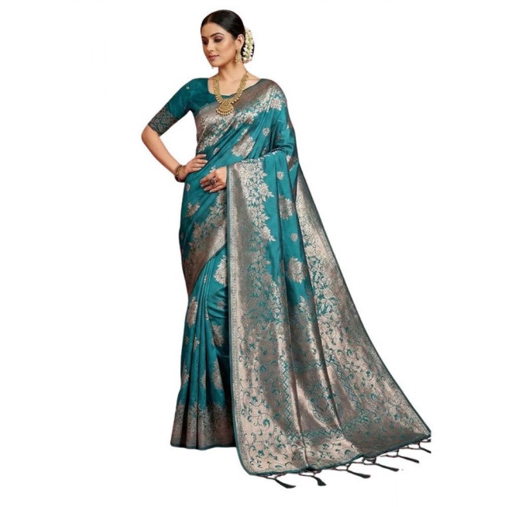 Women's Silk Blend Printed Saree with Blouse – Sea Green