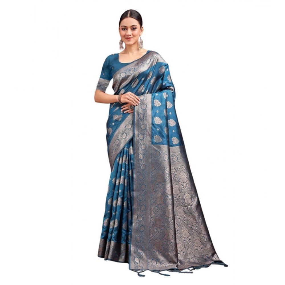 Women's Banarasi Silk Printed Saree with Blouse – Teal Blue