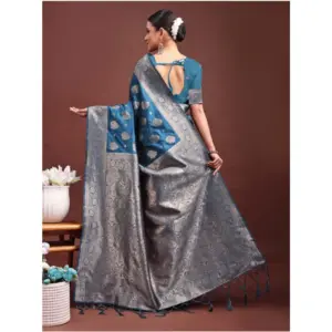 Women's Banarasi Silk Printed Saree with Blouse – Teal Blue