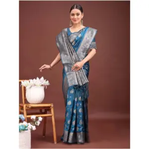 Women's Banarasi Silk Printed Saree with Blouse – Teal Blue