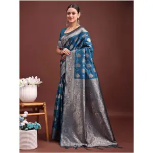 Women's Banarasi Silk Printed Saree with Blouse – Teal Blue
