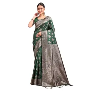 Women's Banarasi Silk Printed Saree with Blouse – Dark Green