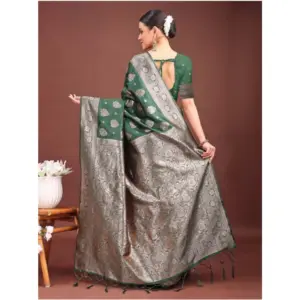Women's Banarasi Silk Printed Saree with Blouse – Dark Green