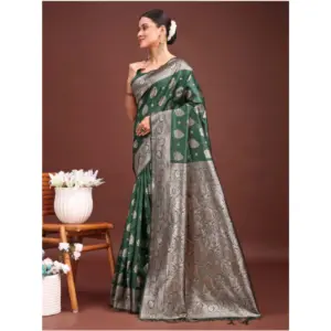 Women's Banarasi Silk Printed Saree with Blouse – Dark Green