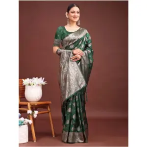 Women's Banarasi Silk Printed Saree with Blouse – Dark Green