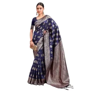 Women's Banarasi Silk Printed Saree with Blouse – Navy Blue