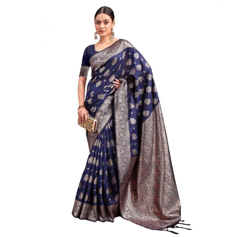 Women's Banarasi Silk Printed Saree with Blouse – Navy Blue