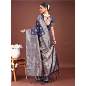 Women's Banarasi Silk Printed Saree with Blouse – Navy Blue