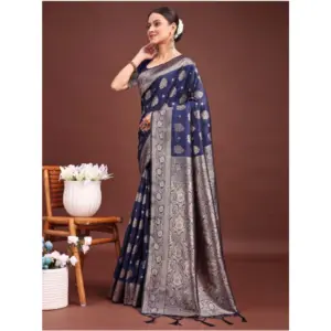 Women's Banarasi Silk Printed Saree with Blouse – Navy Blue