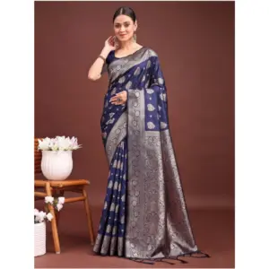 Women's Banarasi Silk Printed Saree with Blouse – Navy Blue
