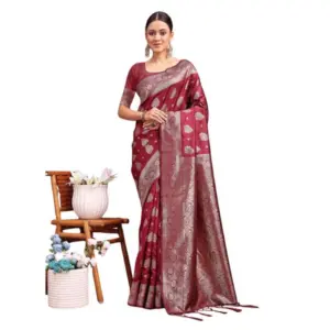 Women's Banarasi Silk Printed Saree with Blouse – Maroon