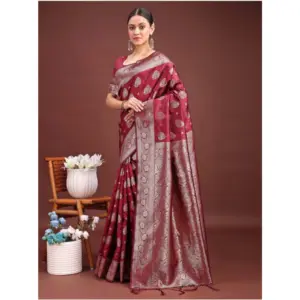 Women's Banarasi Silk Printed Saree with Blouse – Maroon