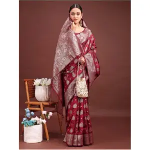 Women's Banarasi Silk Printed Saree with Blouse – Maroon