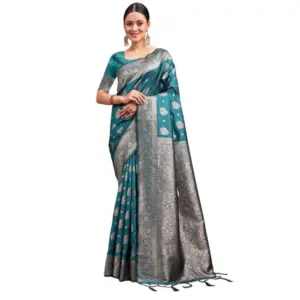 Women's Banarasi Silk Printed Saree with Blouse – Sea Green