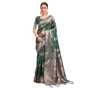Women's Banarasi Silk Printed Saree with Blouse – Dark Green