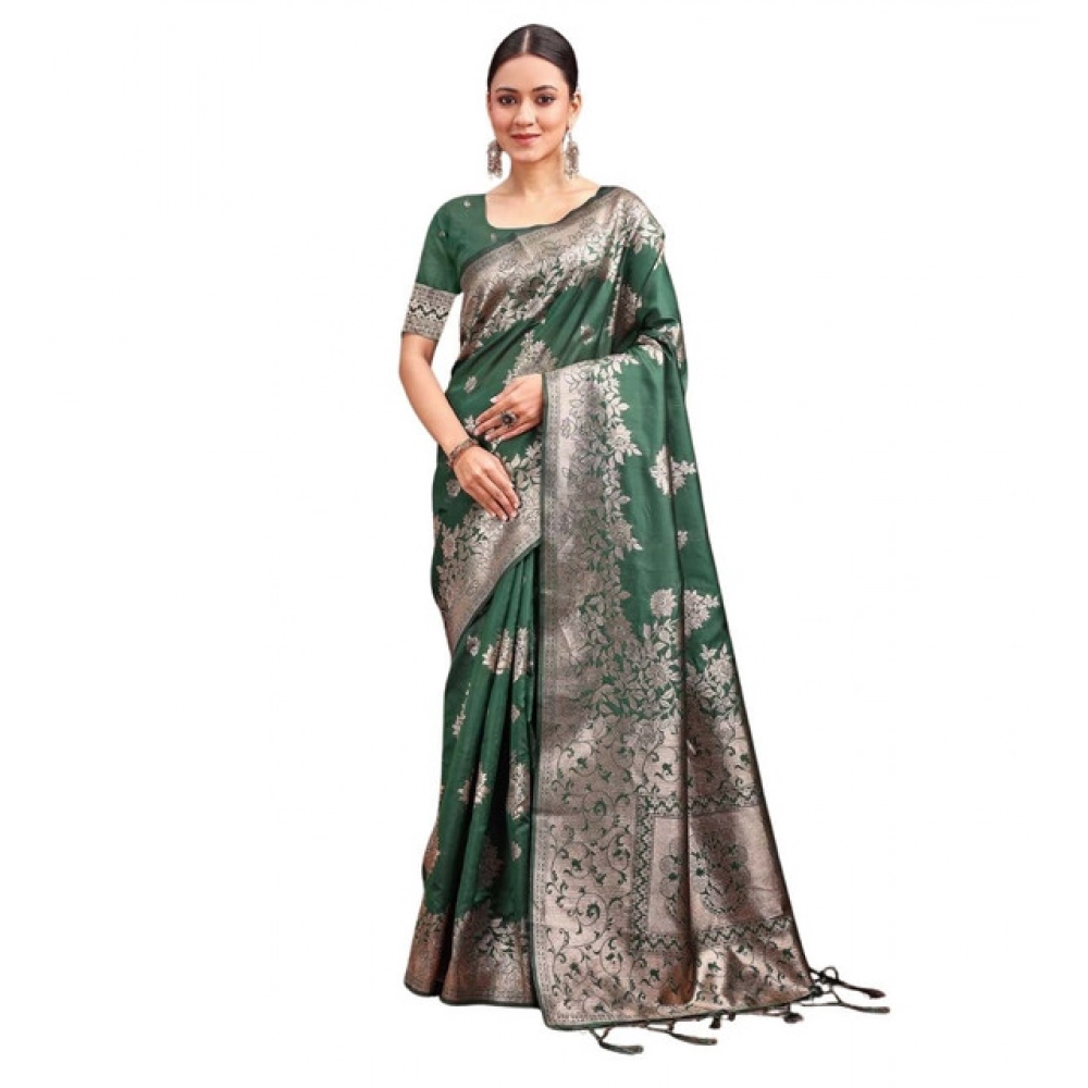 Women's Banarasi Silk Printed Saree with Blouse – Dark Green