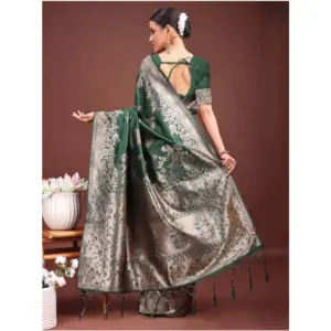 Women's Banarasi Silk Printed Saree with Blouse – Dark Green