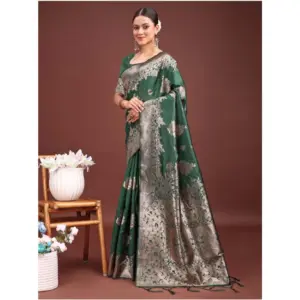 Women's Banarasi Silk Printed Saree with Blouse – Dark Green