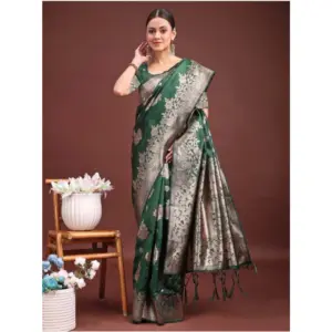 Women's Banarasi Silk Printed Saree with Blouse – Dark Green