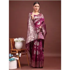 Women's Banarasi Silk Printed Saree with Blouse – Purple