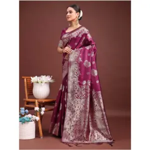 Women's Banarasi Silk Printed Saree with Blouse – Purple