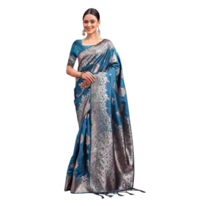 Women's Banarasi Silk Printed Saree with Blouse – Teal Blue