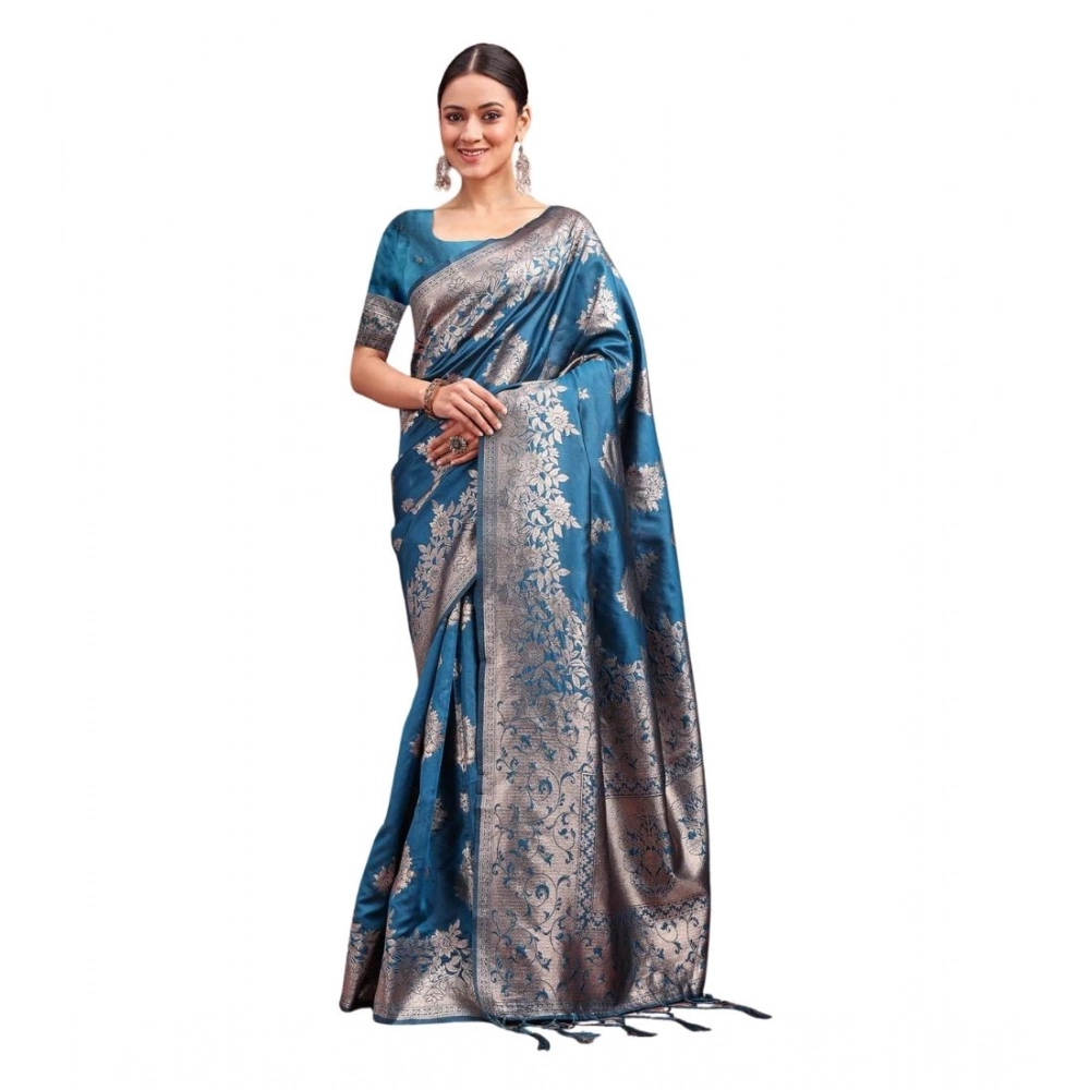 Women's Banarasi Silk Printed Saree with Blouse – Teal Blue
