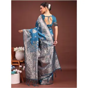 Women's Banarasi Silk Printed Saree with Blouse – Teal Blue