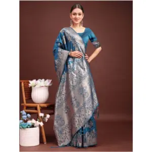 Women's Banarasi Silk Printed Saree with Blouse – Teal Blue