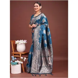 Women's Banarasi Silk Printed Saree with Blouse – Teal Blue