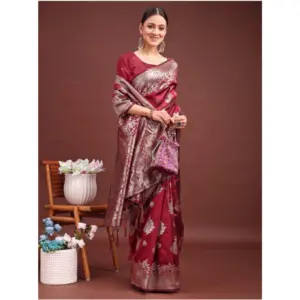 Women's Banarasi Silk Printed Saree with Blouse – Maroon