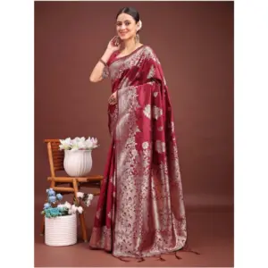 Women's Banarasi Silk Printed Saree with Blouse – Maroon