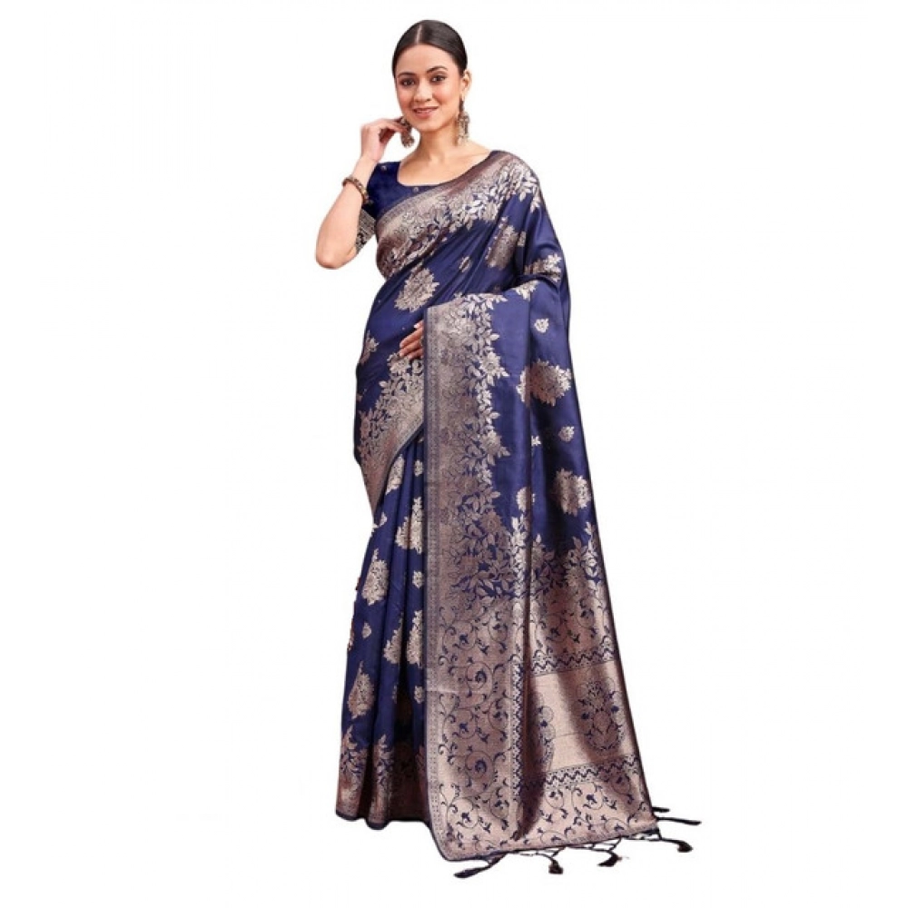 Women's Banarasi Silk Printed Saree with Blouse – Navy Blue